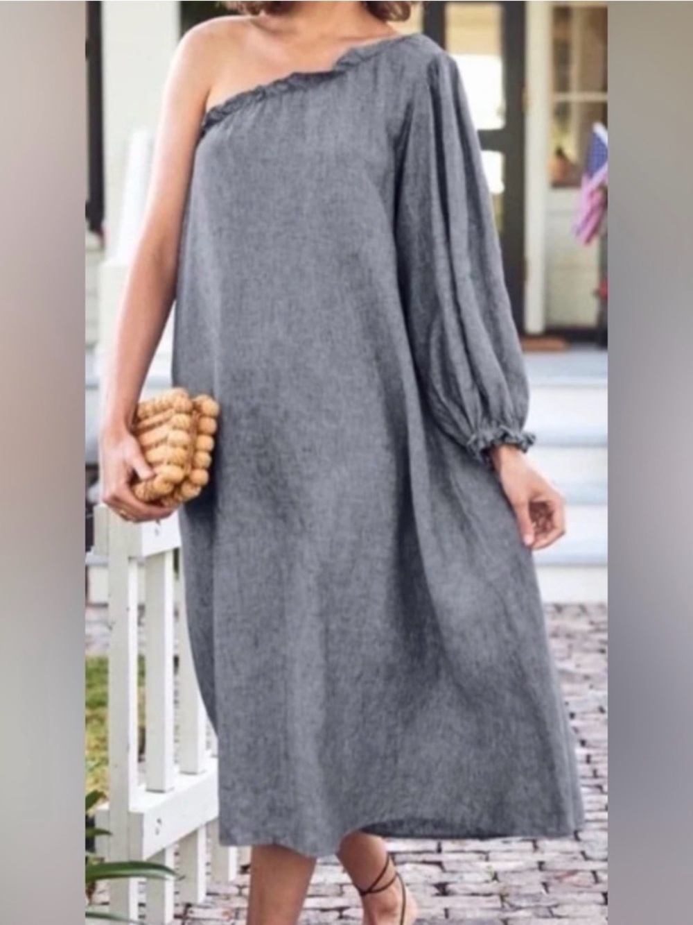 One-Shoulder Gray Midi Dress with Balloon Sleeve
